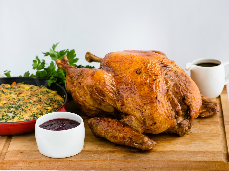 Roasted Turkey with Cornbread and Sausage Stuffing Giblet Gravy and Cranberry Sauce (1)